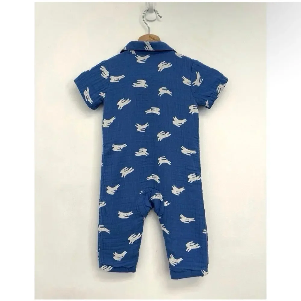 Hanna Andersson Cotton Muslin Bunny Print Romper Polo Short-Sleeve Snap 18-24 mo